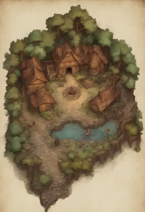 birdseye straight top-down shot from a drone, battlemap of interior of medieval fantasy cottage, (massive dark magical roots sprouting from west:1.2), (black necrotic magic in the air:1.2), wicker furniture,  door to north, mezzanine sleeping area, dungeon...