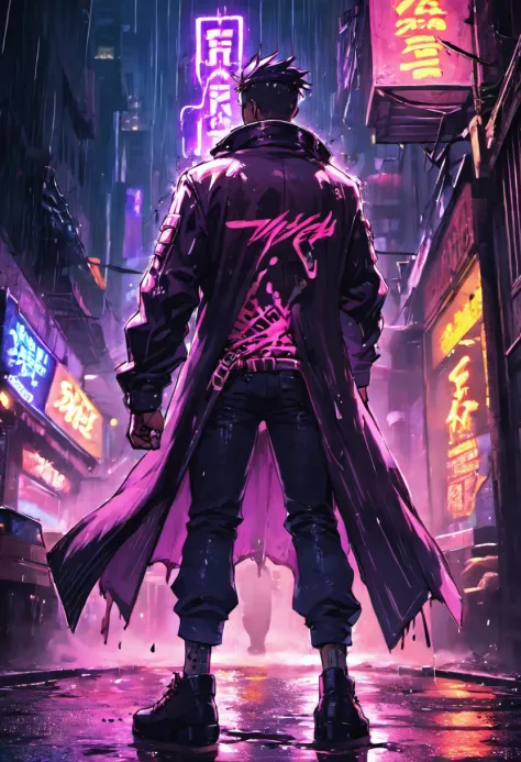 vue de dos d'un homme, cyberpunk (en face, another man in front of him), ambiance tendu,  tension, bras le long du corps, in a street soaked by rain at night, lighting cinematic , format 9:16, chef d'oeuvre