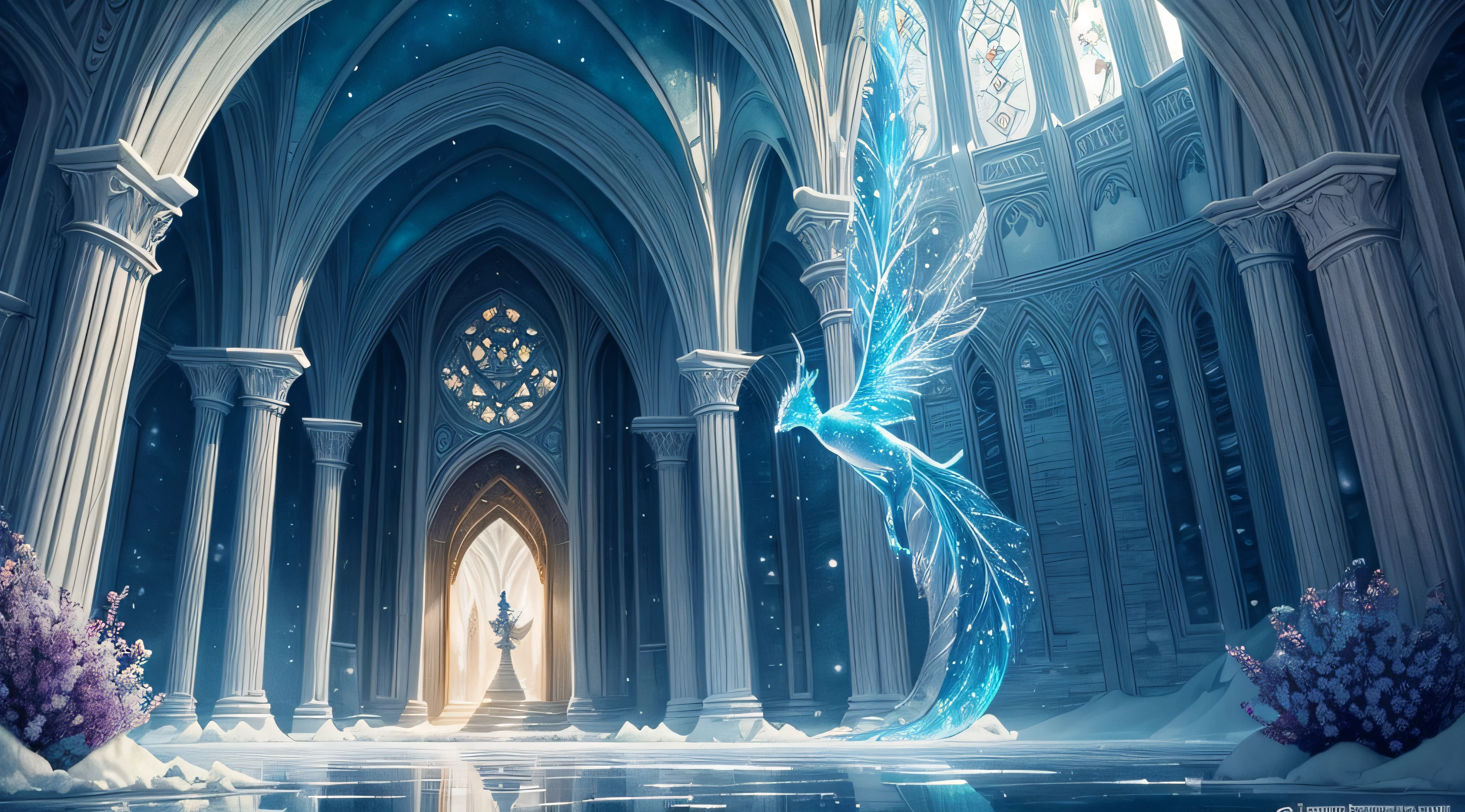 high quality, fantasy, beautiful detailed illustration, digital painting: magic school in the ice: splendid and frosted buildings: large arch-shaped entrance, breathtaking architecture, enchanted ice, mythical creatures, ice dragons, magic spells, enchanting atmosphere, sparkling crystals, mysterious books, luminous orbs, whimsical flowers, golden rays of the sun filtering through the water, vibrant colors, ethereal beauty, sprigs of magic in the air, deep sense of wonder, impressive level of detail,Epic fantasy setting, captivating audience, captivating journey, impressive visuals, masterpiece: 1.2