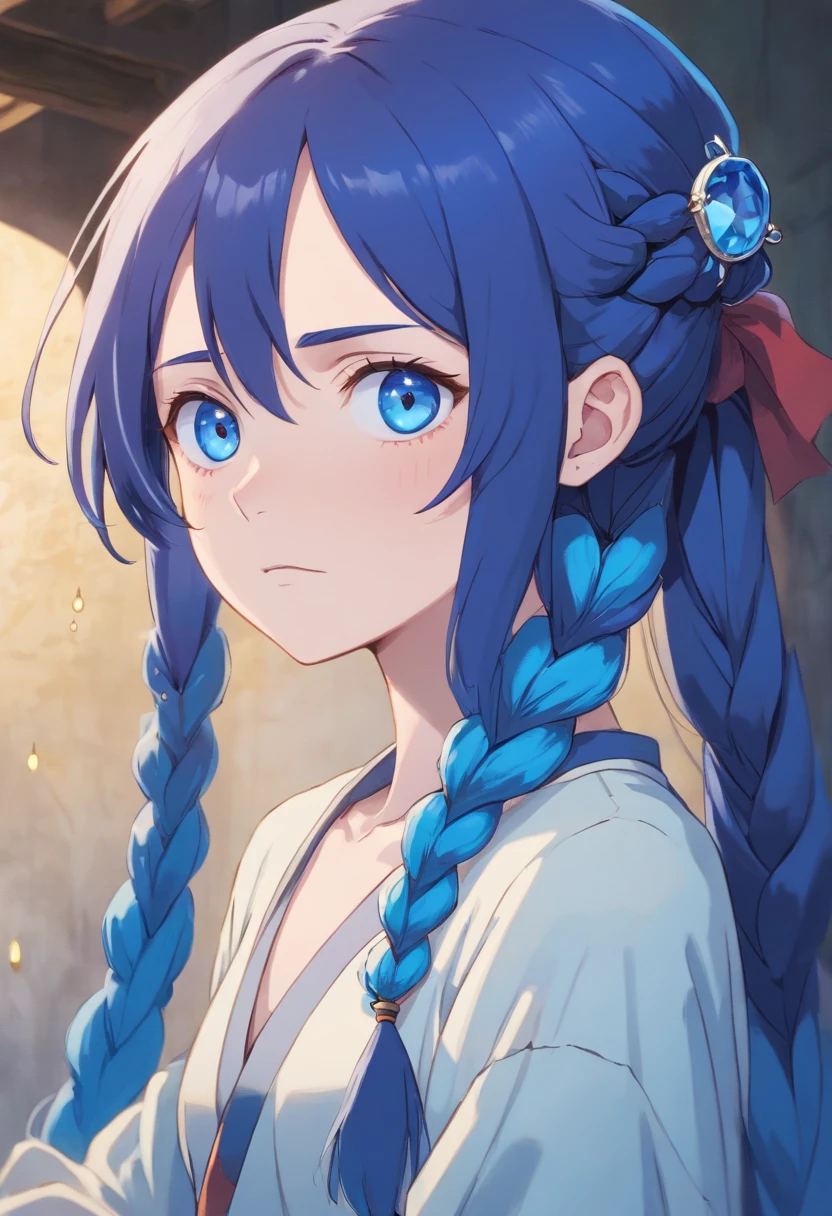 Pale man in his 20s, dark blue long hair in ponytail withbraid, blue eyes, half lidded, somber expression,high quality, anime artstyle, flowy pirate clothes, tall, skinny, pretty boy, blue crystals on face.