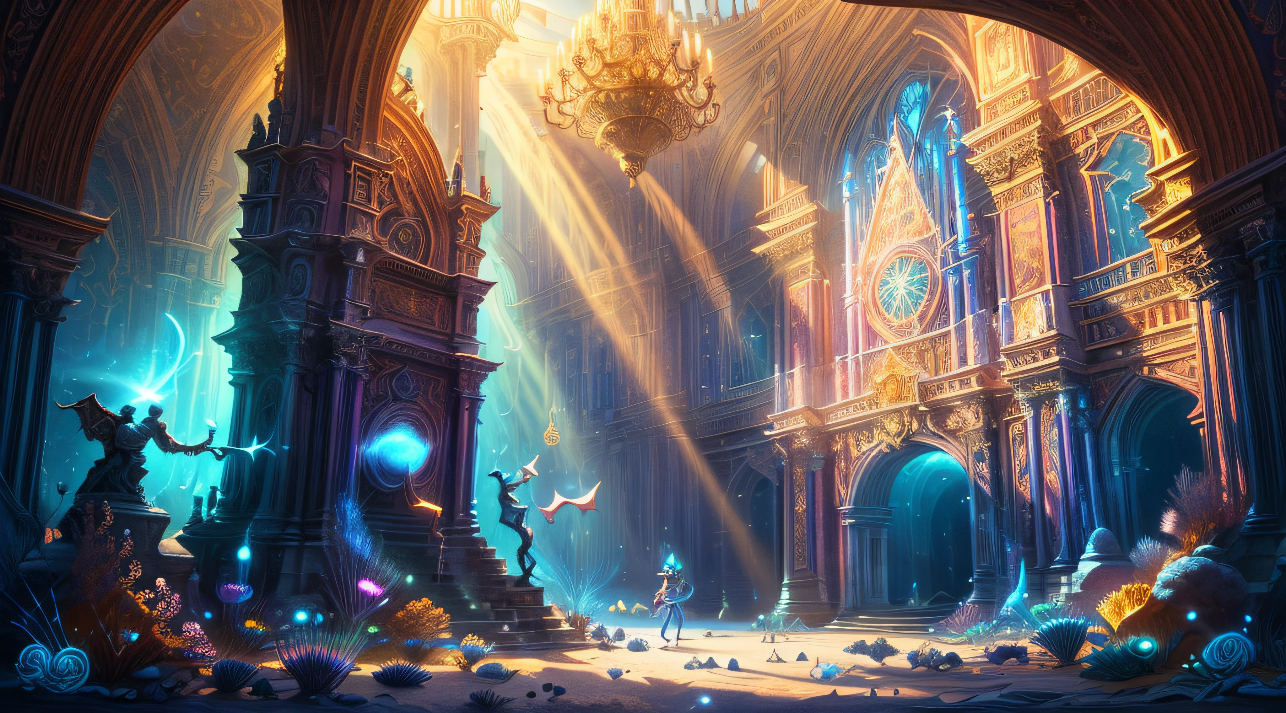 (high quality, fancy, beautiful detailed illustration, digital painting)  2 students (1.2) compete in a magical duel at the school of magic ; in a school of magic: splendid and colorful buildings: large entrance in the shape of an arch, breathtaking architecture, enchanted corals, magical orbs, twinkling light, magical power, fantastic. masterpiece: 1.2