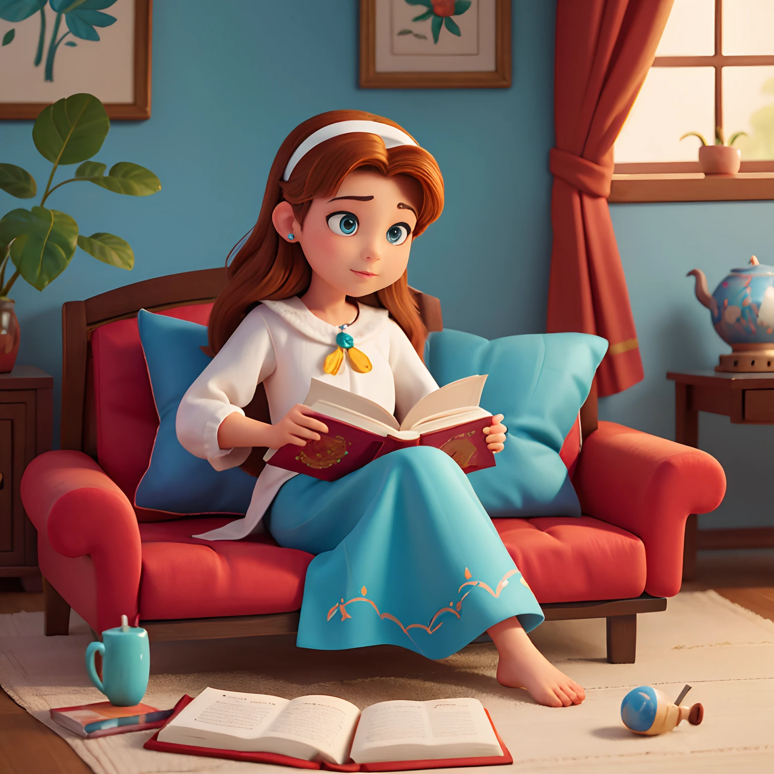 A woman sitting on a sofa reading a book, pequenas borboletas azuis sobrevoam o livro com se estivessem saindo do livro, painting digital adorable, bela arte digital, pintura realista da menina bonito, arte digital detalhada bonito, pintura de personagem bonita, Lendo novo livro, in style of disney animation, bela arte digital, very magical and dreamy, Beautiful digital illustration, story book, fada do livro adulto bonita, arte de pintura digital dos desenhos animados