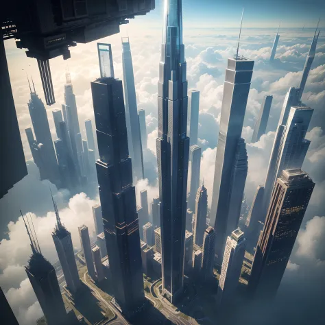 8K，hight resolution,masutepiece:1.2),Ultra-detailed,(Realistic,Photorealistic,Photorealsitic:1.37),Futuristic skyline of towering skyscrapers, Height through the clouds，A futuristic world, planet earth， Glass skyscraper, The height of the building is 30 ti...