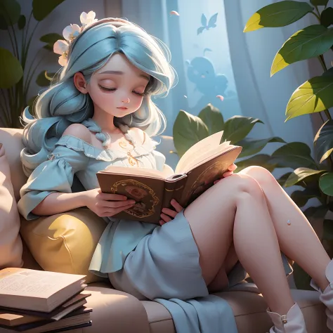 A woman sitting on a sofa reading a book, pequenas borboletas azuis sobrevoam o livro com se estivessem saindo do livro, paintin...