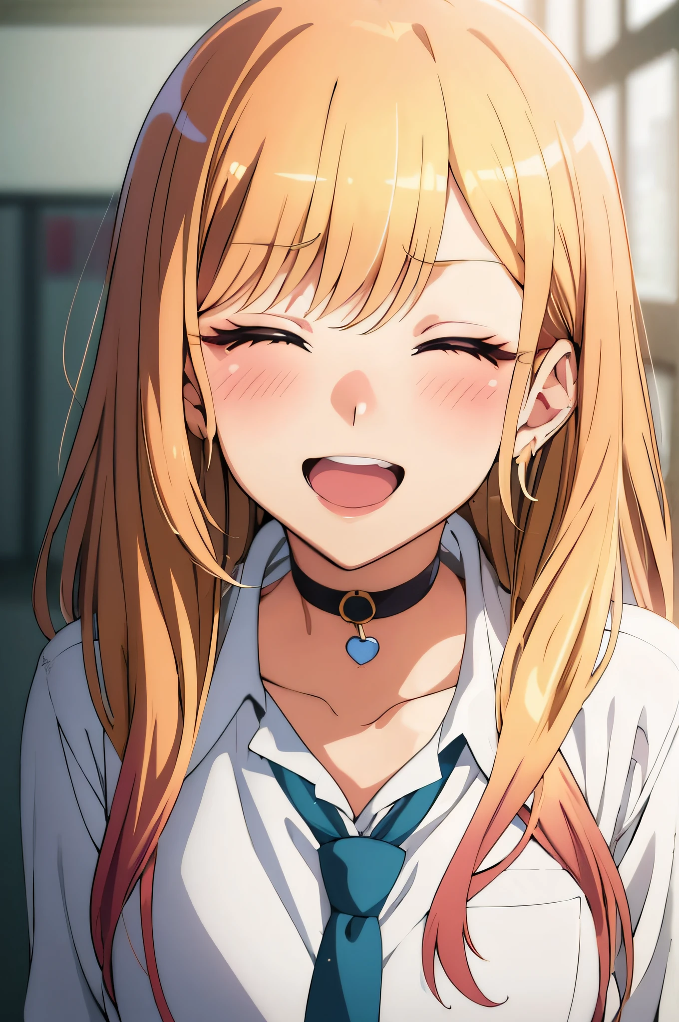 Anime girl with long blonde hair and blue tie in a white shirt - SeaArt AI