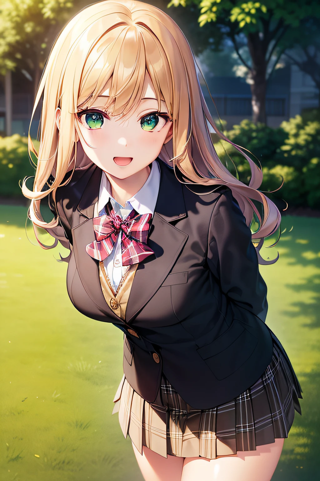 ((masutepiece, Best Quality, hight resolution, nffsw, Perfect Pixel, depth of fields, 4K, nffsw, nffsw))), 1girl in, Single, Solo, Beautiful anime girl, Beautiful Art Style, Anime Character, ((Long hair, Bangs, dark brown hair, Curly hair:0.8)), ((Green eyes:1.4, Detailed eyes, Beautiful eyes, Perfect eyes,Curly eyelashes, Realistic eyes)), ((Detailed face, Blushing:1.2)), ((Smooth texture:0.75, Realistic texture:0.5, Anime CG style)), medium breasts, Dynamic Angle, busty, Perfect body, Dynamic Pose, ((red bowtie, School uniform, Black jacket, Open jacket, Brown cardigan, White shirt, Black skirt, plaid skirts)), Smile, Open mouth, arms behind back, Leaning forward, Amulment Park, ((close up, POV, Cute, Shoot in the face))