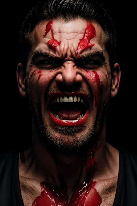portraite of a, Portraiture, Huge Angry Cook With Blood On His Chin, aggression, Screams, baring his teeth, wants to kill