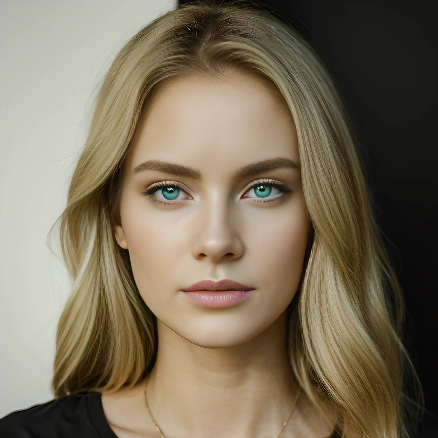 Realistische hellblonde schöne schwarze V-Ausschnitt Shirt sexy Frauen, blau grüne Augen, Fotoporträt