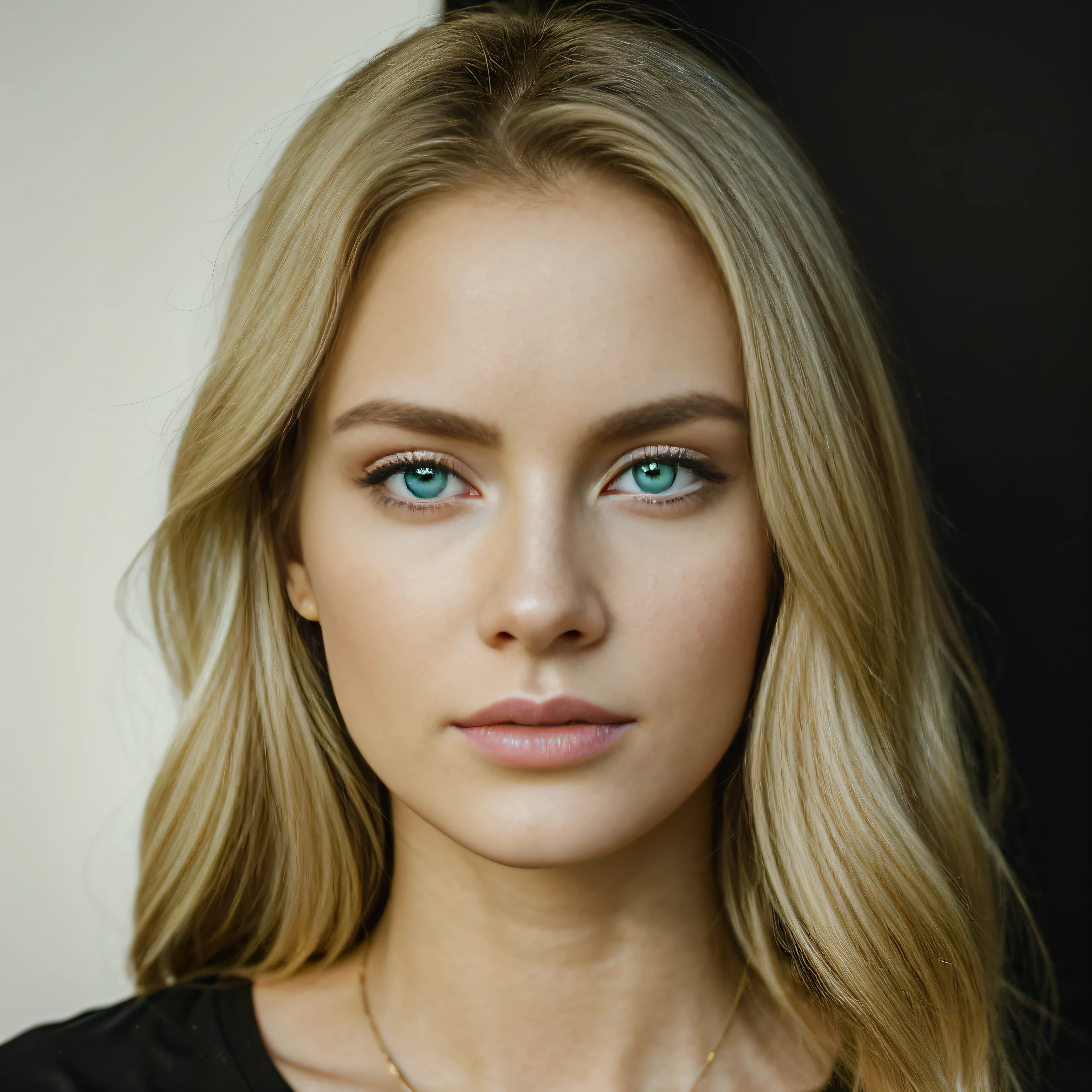 현실적인 밝은 금발의 아름다운 검은색 브이넥 셔츠 섹시한 여성, 푸른 녹색 눈, 사진 인물