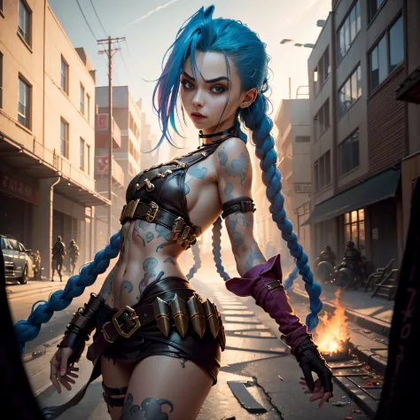 ((Best quality)), ((masterpiece)), (highly detailed:1.3), 3D, arcane style,In the dark and gritty dystopian city Piltover, plagued by violence and divided into two opposing factions, a young prodigy named Jinx emerges. Having endured unimaginable loss and abandonment, she has embraced a life of chaos and destruction. Known for her inventive and explosive abilities, Jinx becomes an icon of rebellion against the oppressive forces controlling the city. However, haunted by guilt and battling inner demons, she must confront her past and decide whether to continue down the path of anarchy or seek redemption amidst the turmoil. Explore the journey of Jinx as she navigates a treacherous world, fighting for survival, unraveling secrets, and discovering the true meaning of her twisted existencechaos reigns supreme, and at the heart of it all is Jinx, the embodiment of unpredictability. Delve deep into the twisted mind of Jinx, exploring the origins of her madness and the driving force behind her destructive nature. Unveil the moments that shaped her into the deranged and iconic character we know. Take us on a wild journey through the vibrant streets of Piltover and the grim underbelly of Zaun as Jinx wreaks havoc with her explosive arsenal. Can redemption ever find its way into Jinx's fractured soul? Or will she forever dance on the edge of sanity, embracing the chaos that fuels her very existence? The fate of Arcane hangs in the balance as Jinx's path intertwines with unlikely allies and formidable foes. Ignite your imagination and paint a vivid portrait of Jinx's twisted psyche, capturing the essence of her madness and the untamed spirit that defines her,HDR (High Dynamic Range),Ray Tracing,NVIDIA RTX,Super-Resolution,Unreal 5,Subsurface scattering,PBR Texturing,Post-processing,Anisotropic Filtering,Depth-of-field,Maximum clarity and sharpness,Multi-layered textures,Albedo and Specular maps,Surface shading,Accurate simulation of light-material interaction,Perfect proportion