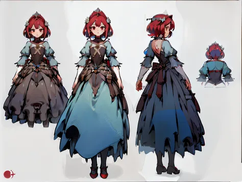 ((masterpiece)),(((best quality))),(character design sheet,same character,front,side,back),illustration,1 girl,red hair,princess cut,hair on eyes,beautiful eyes,environment Scene change, pose too, gorgeous princess dress, magic, charturnbetalora, (simple b...