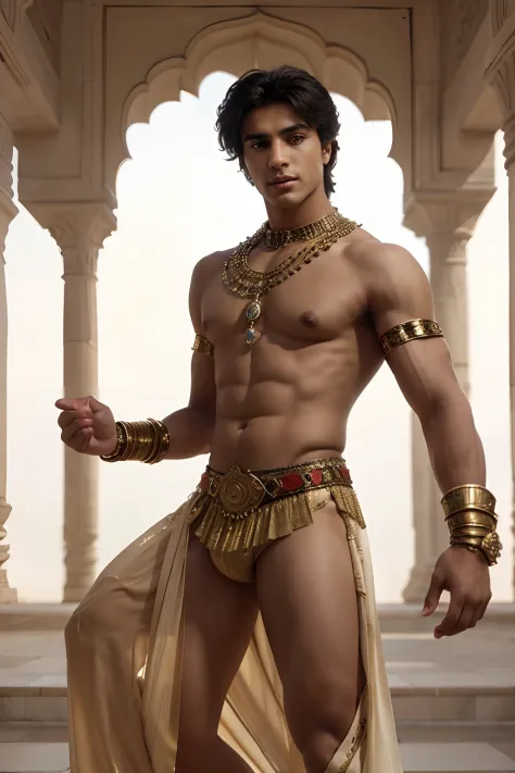 a man in a billowing gold chiffon male belly dance outfit is posing for a picture, handsome prince of persia, attractive male deity, brown skin man egyptian prince, beautiful androgynous prince, ashoka tano, delicate androgynous prince, hindu aesthetic, dj...