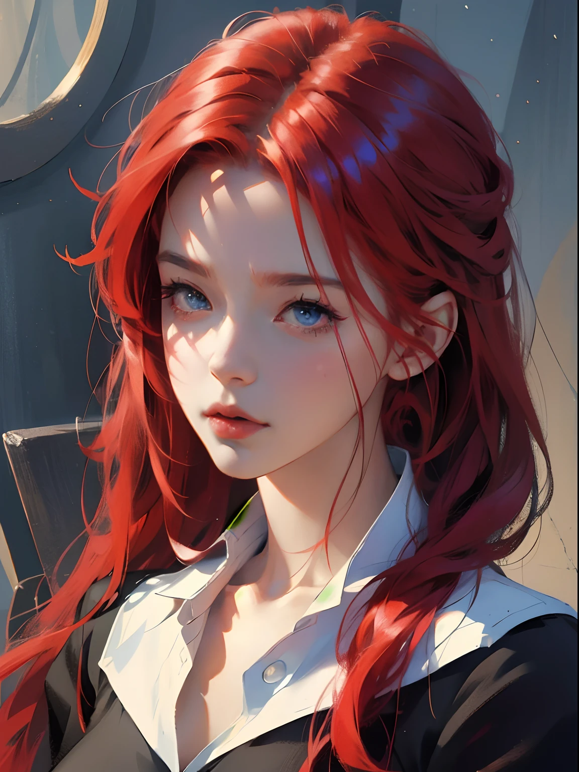 Anime girl with red hair and blue eyes holding a mobile phone, a beautiful anime portrait, portrait anime girl, drawn in anime painter studio, made with anime painter studio, Digital art on Pixiv, Portrait of an anime girl, Anime style portrait, Digital anime art, beautiful anime art style, zerochan art, realistic anime artstyle, portrait of an anime girl