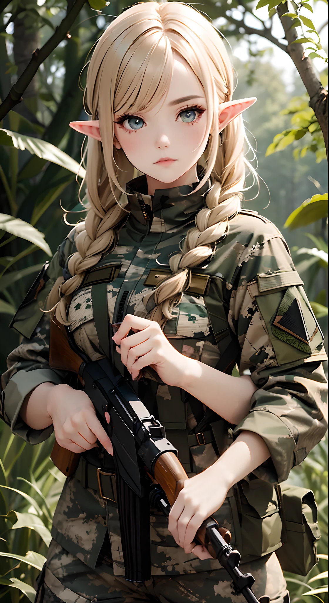 女性エルフ兵士, 斑点のある森林迷彩柄の迷彩軍服を着用, ロシア軍の制服, 詳細な目, 細かい手, 詳細な顔, 詳細な髪, (ゴンデンヘアのエルフ), 編み込みヘアカット, 狙撃銃を所持, 森の背景