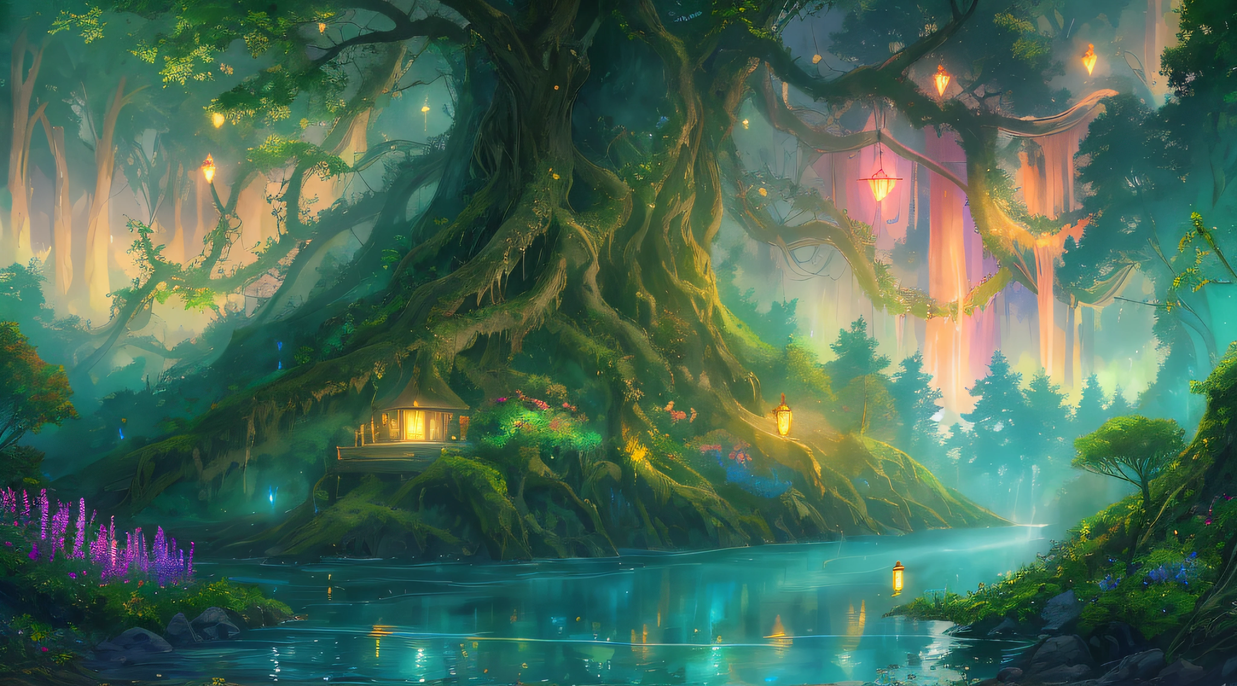 Illustration of a mystical enchanted forest, where towering ancient trees are intertwined with luminous vines. Bioluminescent flowers light up the forest floor, creating a path that leads to a serene glimmering pond. In the distance, a majestic waterfall cascades from a cliff, surrounded by mist and rainbows. Ethereal creatures like fireflies and fairy-like beings flit about, adding to the magic of the scene.