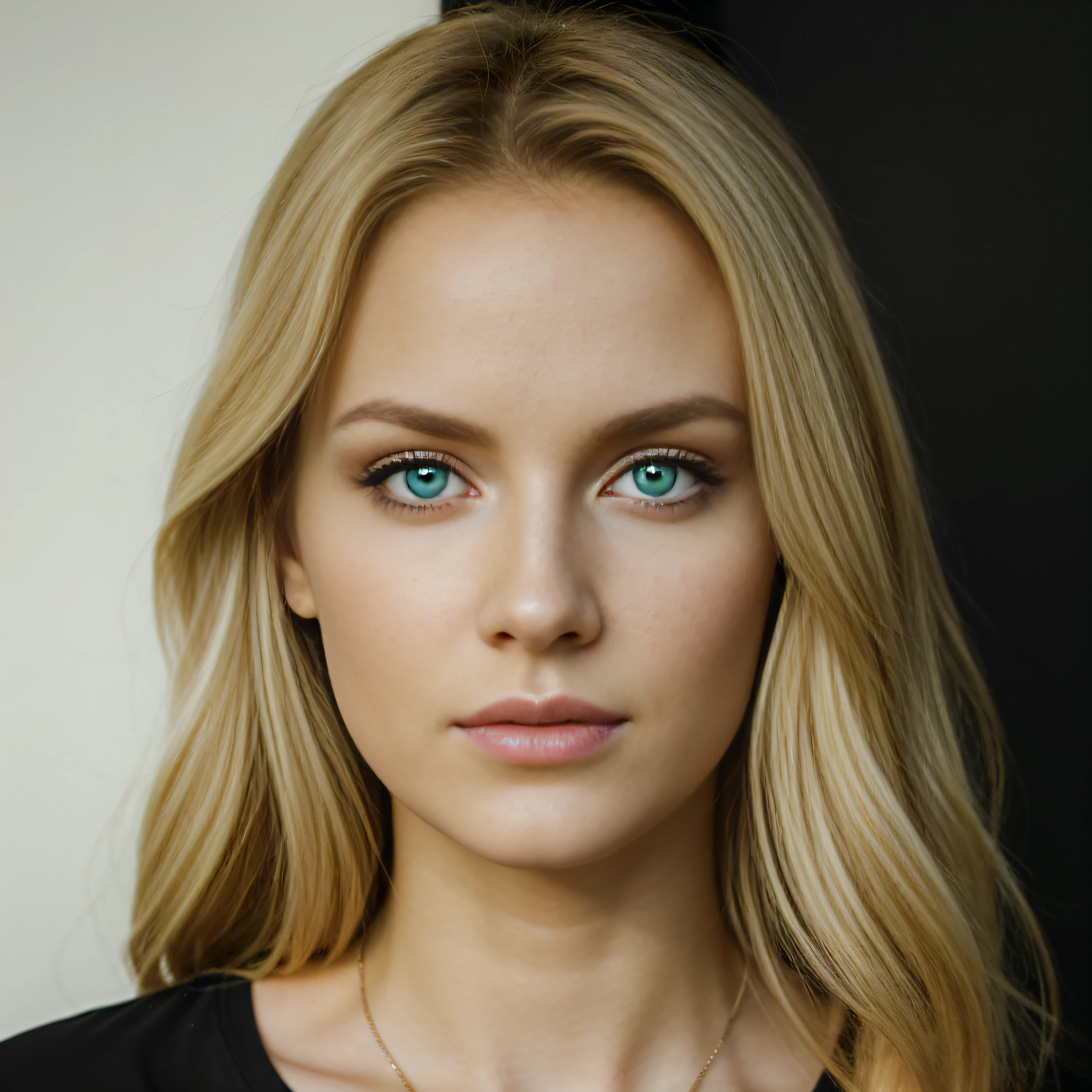 Realistic light blond beautiful black v-neck shirt sexy women, blue green eyes, portait photo