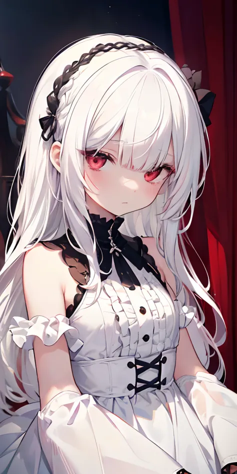 (limited palette), Best quality, (((Masterpiece))), (((Beautiful detailed hair))), (((beautiful detailed skin))), Solo, Little girl, Younger, Loli, (((White hair))), Red eyes, (mascara), Blunt bangs, ((Hair over eyes)), Long hair, Medium breasts, Frilled w...