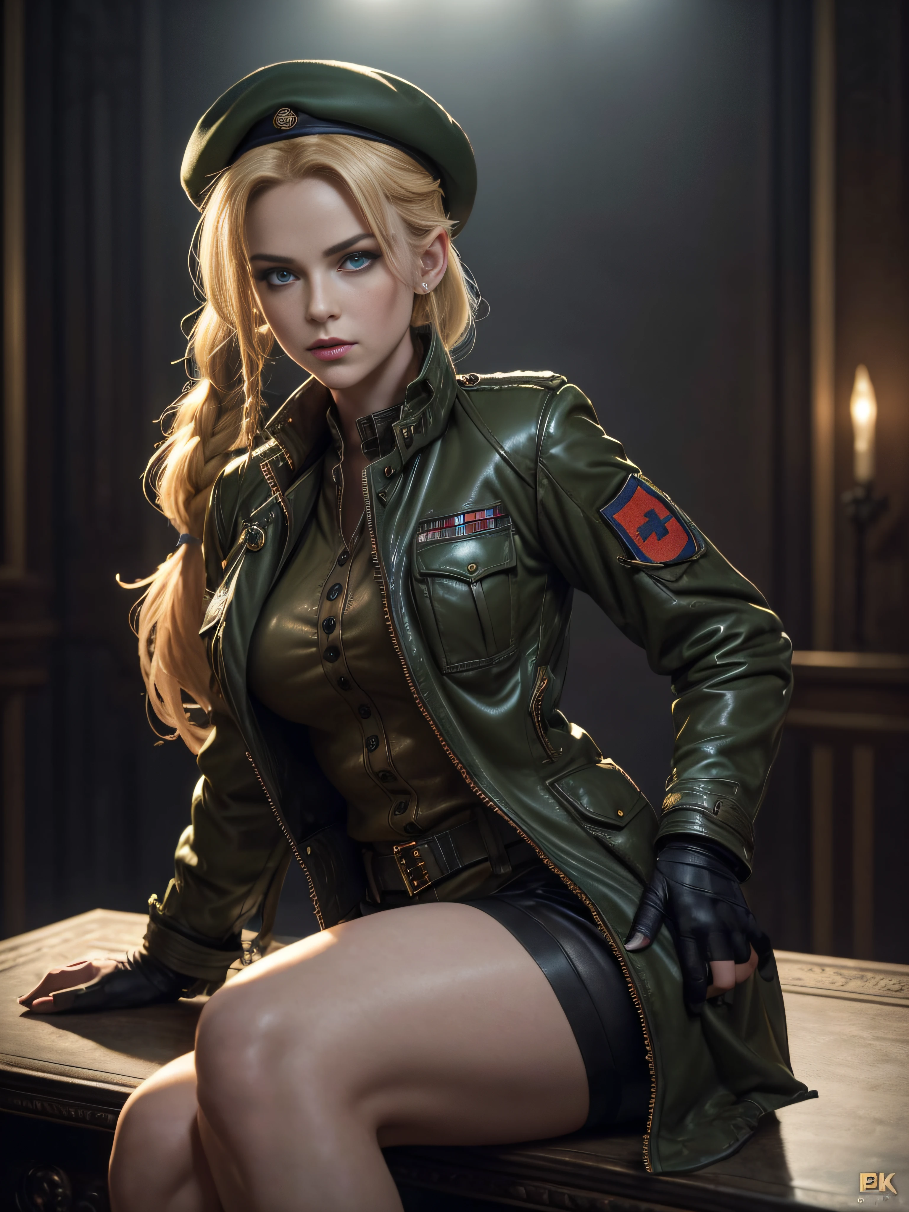 "(exquisitely detailed CG unity 8k wallpaper, masterpiece-quality with stunning realism), (best illumination, best shadow), (best quality), (elegant and demonic style:1.2), Arti modern anime. angled view, heroic pose, closeup full body portrait of stunningly beautiful cammy from street fighter, Masterpiece, best quality, highres, mature Cammy white, twin braids, long hair, blonde hair, antenna hair, beret, (red headwear:1), blue eyes, scar on cheek, green military leotard, green military shorts, red gloves, fingerless gloves, camouflage, (fully clothed:1), abs, depth of field blur effect, night, full zoom, action portrait, photorealistic. cinematic lighting, highly detailed. best quality, 4k, Better hand, perfect anatomy, leaning forward, foreshortening effects, coy flirty sexy expression, foreshortening effect, (piercing eyes:0.8), surrounded by an ominous and dark atmosphere, accentuated by dramatic and striking lighting, imbued with a sense of surreal fantasy". wearing laced military boots:1.5), (resting at a desk in MI6 headquarters:1) (wearing a British Military jacket:1.5) (mature:0.5)