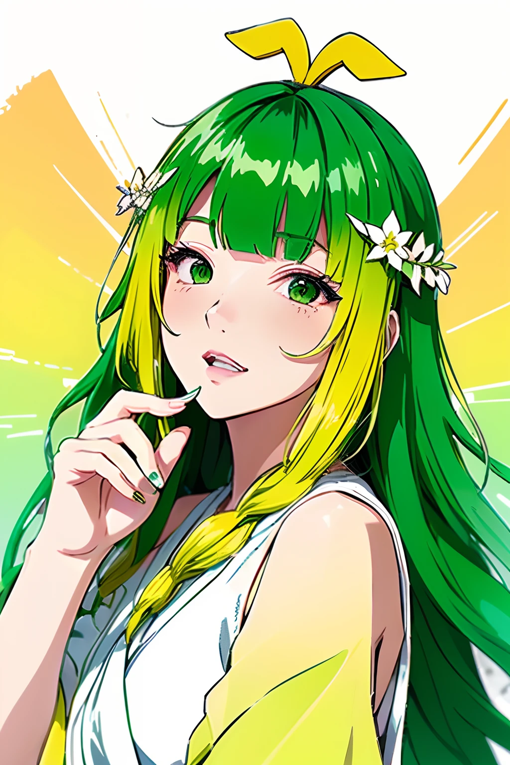 (1girl banchan: 1.0) green eyes, (green hair_0.5), (yellow hair_0.9), (ombre hair_0.4), wearing a white robes, a green laurel wreath in her head, cartoon style, hand drawing, rome theme