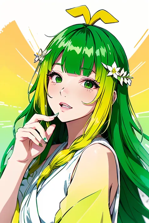 (1girl banchan: 1.0) green eyes, (green hair_0.5), (yellow hair_0.9), (ombre hair_0.4), wearing a white robes, a green laurel wr...