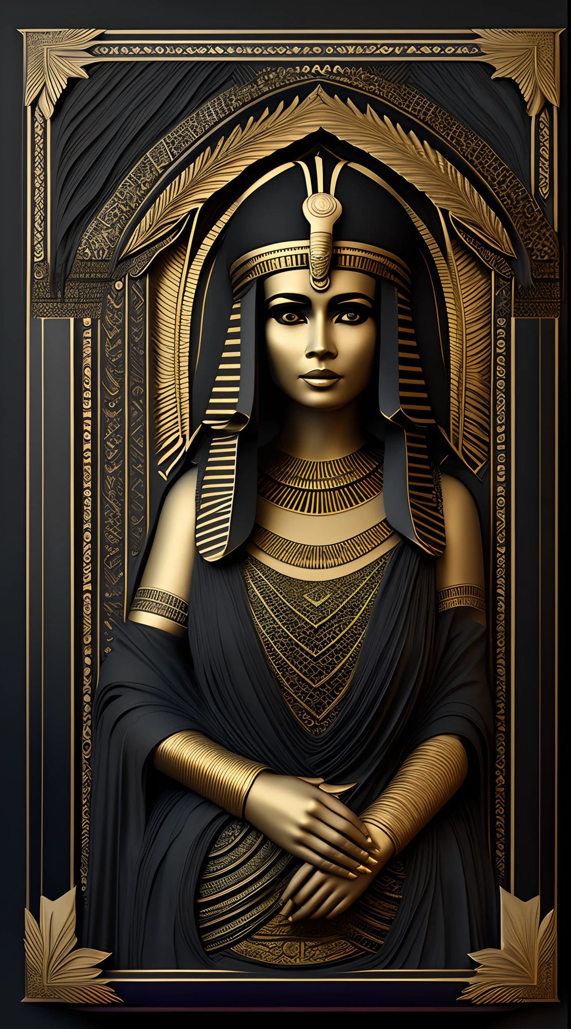 black gold, cleopatra portrait, wearing an egyptian crown, beautiful cleopatra, egyptian princess, full body, looking away, intricately carved, matte black, gilding, volumetric shadows, artificial patterns, with a decorative intricate border around, matte black and gold ornament, very highly detailed digital art, a 3D render, 16K