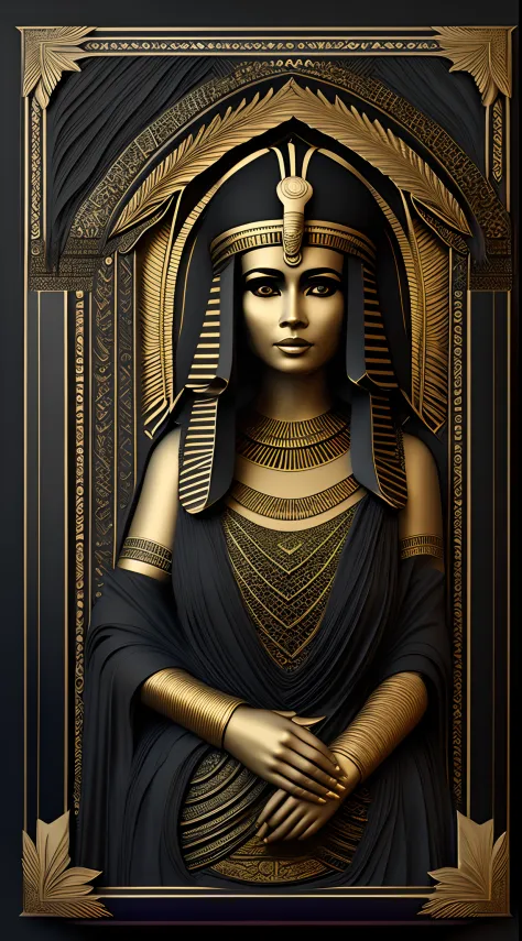 black gold, cleopatra portrait, wearing an egyptian crown, beautiful cleopatra, egyptian princess, full body, looking away, intr...