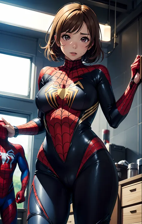 koizumi_hanayo, bodysuit, Spiderman custom ,sweaty, heavy breathing,red face,blunt hair,curvy body, plump,erotic pose, standing