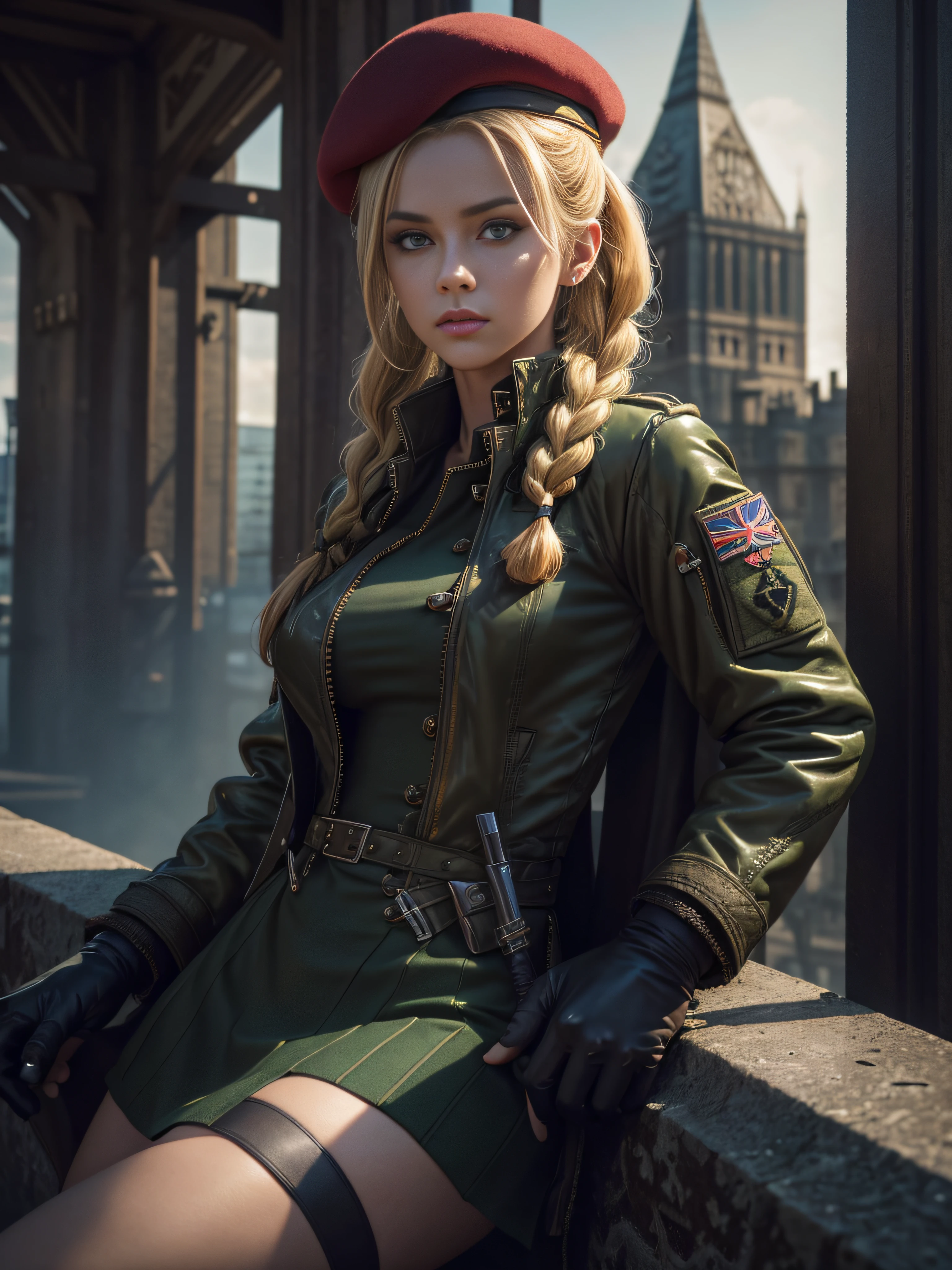 "(exquisitely detailed CG unity 8k wallpaper, masterpiece-quality with stunning realism), (best illumination, best shadow), (best quality), (elegant style:1.2), Arti modern anime. angled view, heroic pose, closeup full body portrait of stunningly beautiful cammy from street fighter, Masterpiece, best quality, highres, mature Cammy white, twin braids, long hair, blonde hair, antenna hair, beret, (red headwear:1), blue eyes, scar on cheek, green military leotard, green military skirt, red gloves, fingerless gloves, camouflage, (fully clothed:1), abs, depth of field blur effect, night, full zoom, action portrait, photorealistic. cinematic lighting, highly detailed. best quality, 4k, Better hand, perfect anatomy, leaning forward, foreshortening effects, coy flirty sexy expression, foreshortening effect, (piercing eyes:0.8), surrounded by an ominous and dark atmosphere, accentuated by dramatic and striking lighting, imbued with a sense of surreal fantasy". wearing laced military boots:1.5), (resting in london city MI6 in the morning:1.3) (wearing a British Military jacket:1.5) (mature:0.5)
