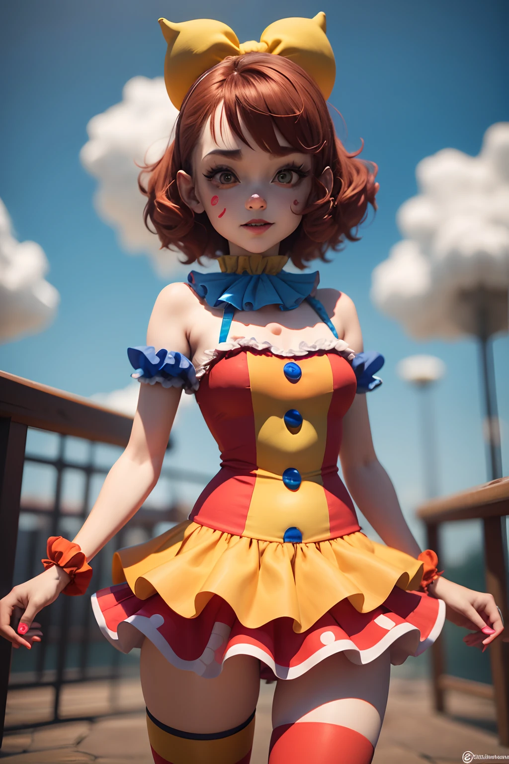 clown girl pomni, brown hair, red and blue eyes, red and blue outfit with round shoulders and thighs and yellow balls in short, cartoon character of a clown and a red and blue outfit, cutecore clowncore, y 2 k cutecore clowncore, jester themed, animation character, clown girl, 3d animated, 3 d animated, jester, toonix character, cartoonish cute, 3d character, 3 d character, medieval jester, highly rendered!!, creepy clown girl