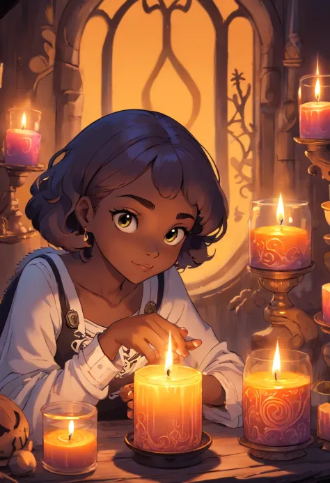 a black girl carving a round candle made with a round mold. she have short tight curly hair. She's using an x-acto knife to carve the candle. She's surrounded by candle wax pots with different colors. the candle she is holding to carve is hung up in front ...