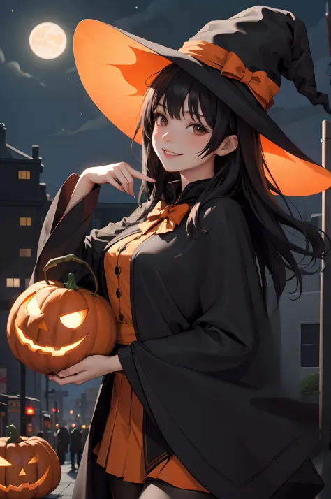 1lady solo, riding on big broom, /(witch costume hat/) /(black capelet/), /(black hair/) bangs, blush kind smile, (masterpiece b...