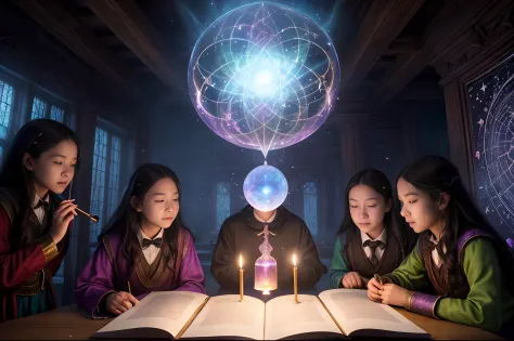 A magic class, a teacher in the background, students practicing magic spells, a colorful magic aura, glowing wands, smoke and fo...