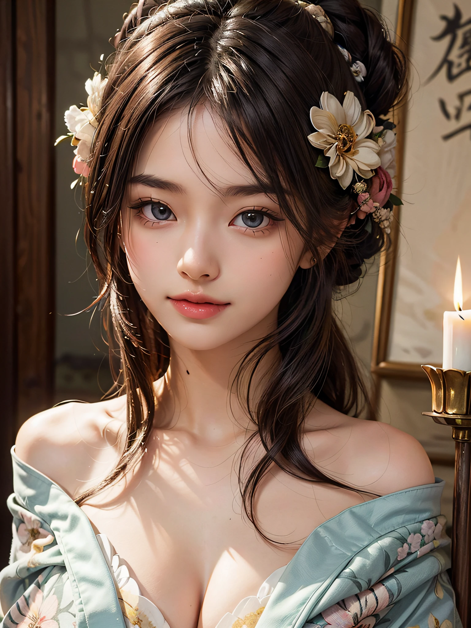 peinado recogido, 1 chica, Cara y ojos increíbles, (grandes ojos redondos:1.1), (hermoso rostro extremadamente detallado), (hermosa sonrisa encantadora), (sexy floral kimono:1.5), (hombro desnudo:1.3), (escote:1.5), (mejor calidad:1.4), (ultra alta resolución), (ultra realista, fotorrealista:1.37), Fotos CRUDAS, fotografía profesional, iluminación cinematográfica, (old shoji), (shoji japonés, Un pergamino colgante prestigioso y prestigioso., tradición:1.5), ((velas)),