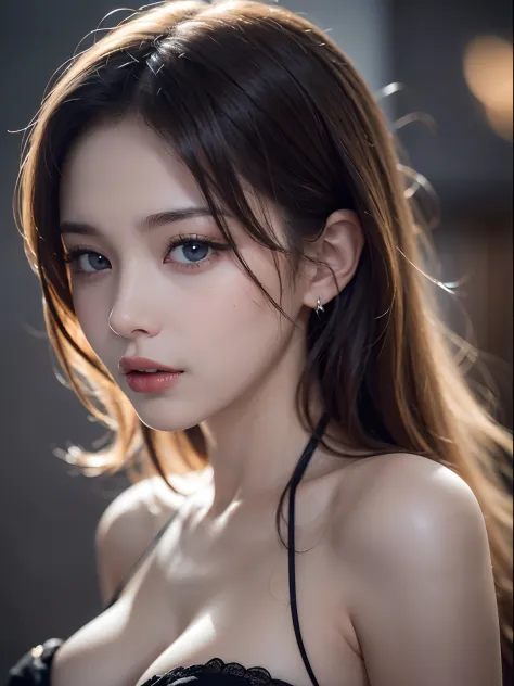 ((8K, top-quality, ​masterpiece, 超A high resolution, Photorealsitic:1.5)), 1girl in, age19, Look up at the viewer, Perfect dynamic composition, Highly detailed eye and face texture:1.3, Fair skin, (Beautiful blue eyes, Erotic eyes:1,5), (Face feeling ecsta...