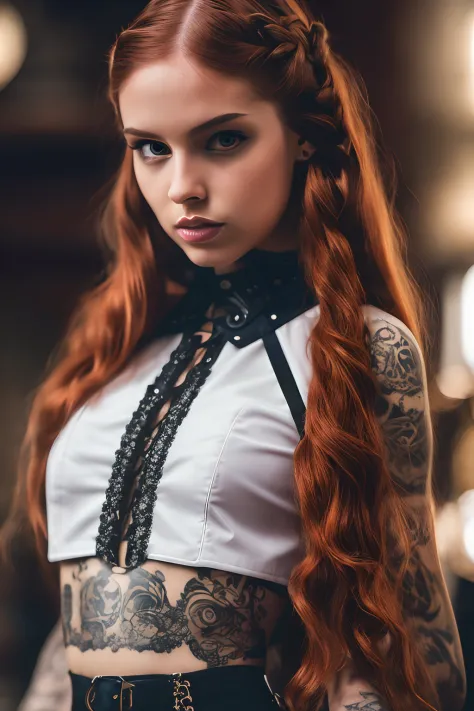 an steampunk girl at a party, (white crop top:1.2), sm black and blue leather, tattoo, hyper detailed, ultra sharp, long auburn hair in braids, 8k, (insanely detailed:1.5), full body photograph, 20 megapixel, canon eos r3, detailed skin, pale skin