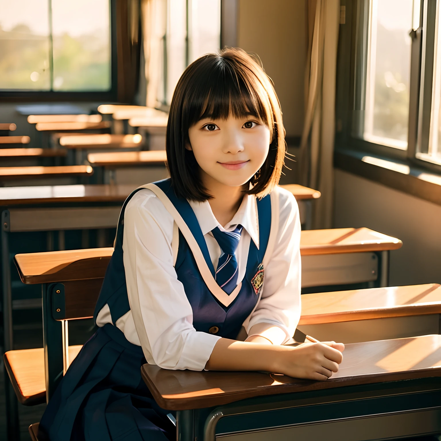 Best quality, beautiful girl , cute girl, Japanese girl, high school girl, sit down on chair, classroom, window, sunset, desk , bib cut short hair, shot on camera