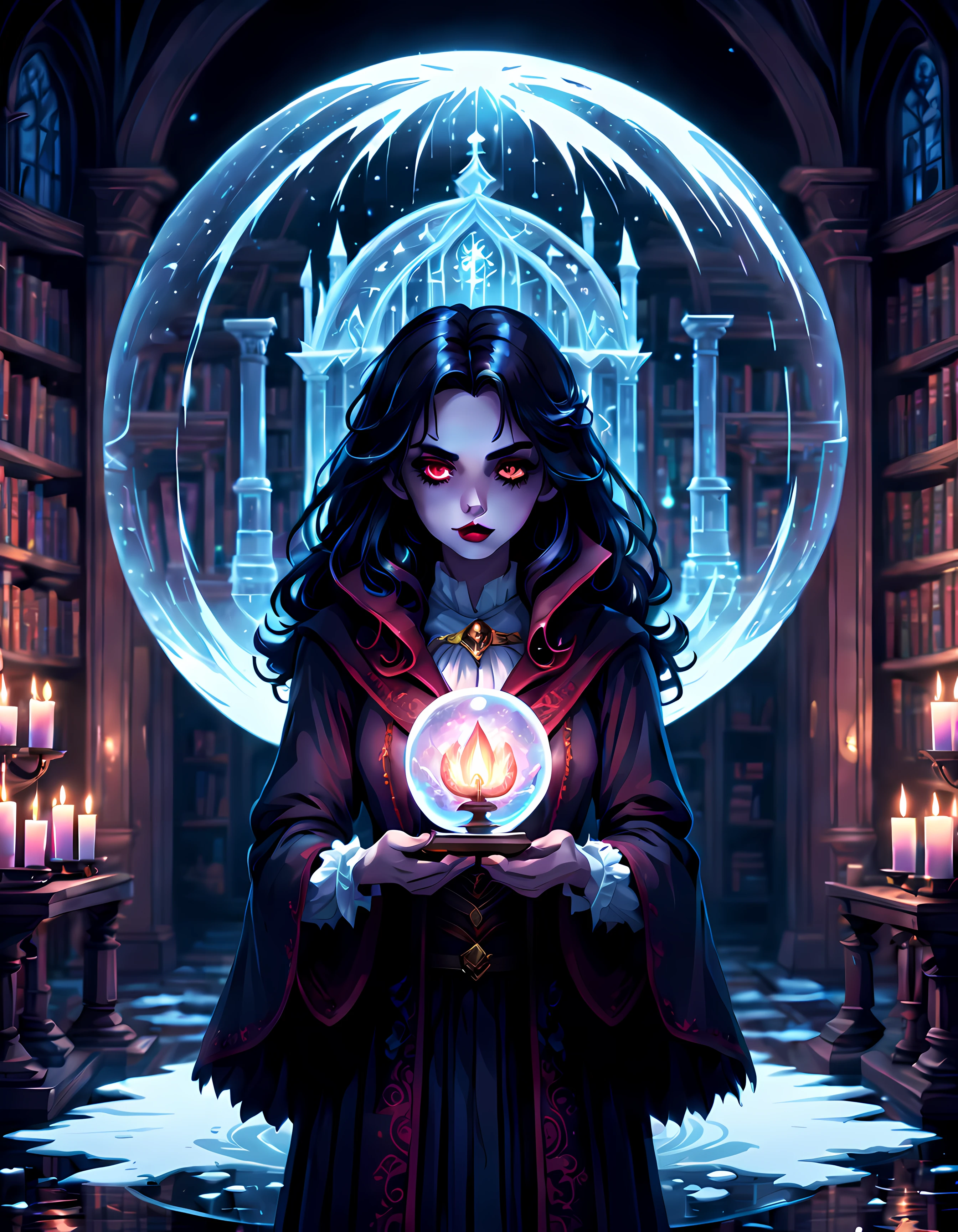 (Pixel Art:1.5), (獨自的:1.3), A (stunning vAmpire girl) ((((holding A mAgicAl AcAdemy inside An icy sphere))))), (((concentrAted look))), ((weAring A robe with rich gothic pAtterns)), (inside An old librAry dimly lit with cAndles), ((eerie cosmic portAl behind the girl)), (ethereAl shiny pArticles:1.2), pixel Art