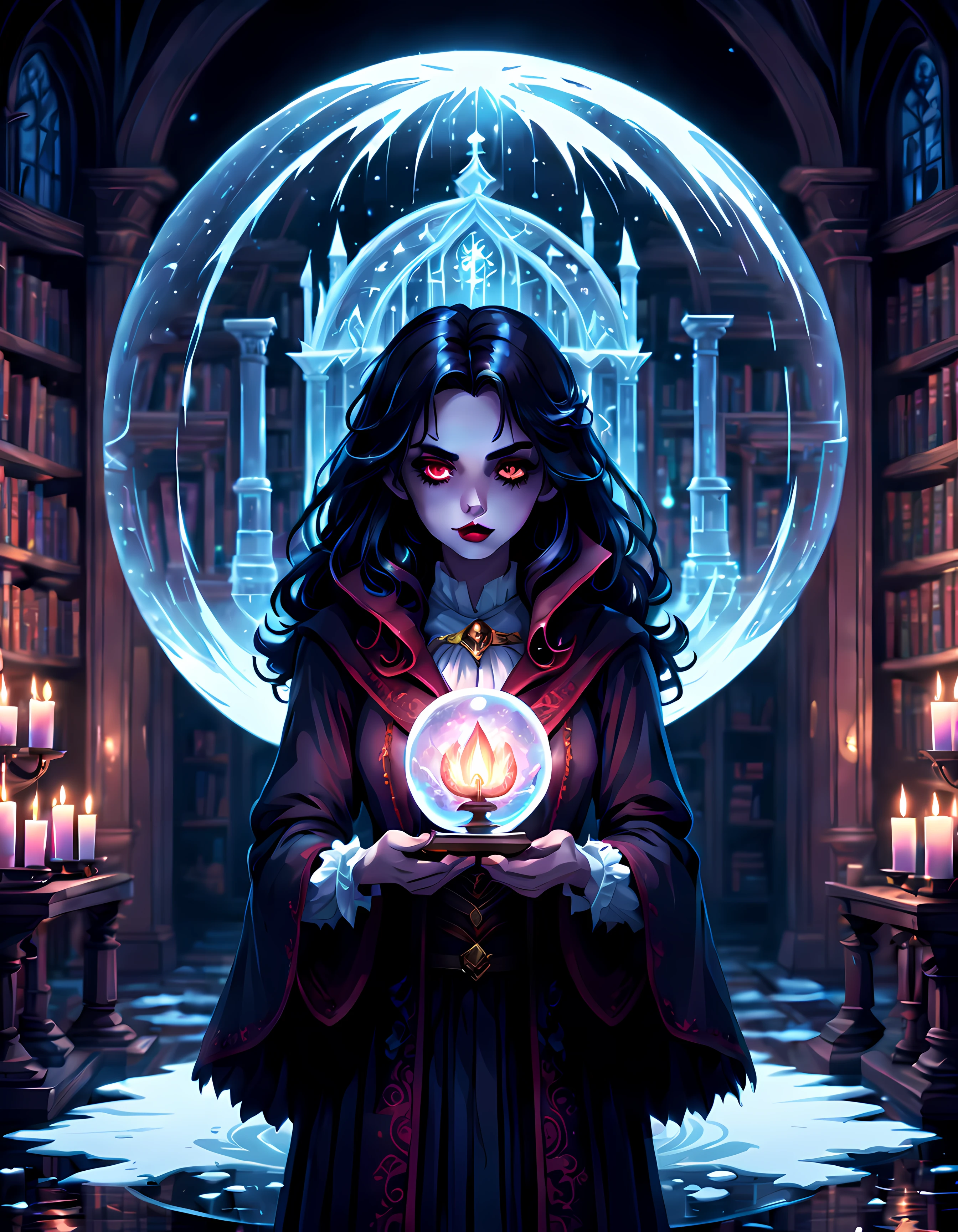 (Pixel art:1.5), (solo:1.3), a (stunning vampire girl) ((((holding a magical academy inside an icy sphere))))), (((concentrated look))), ((wearing a robe with rich gothic patterns)), (inside an old library dimly lit with candles), ((eerie cosmic portal behind the girl)), (ethereal shiny particles:1.2), pixel art