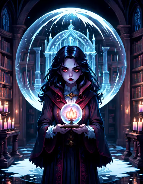(Pixel art:1.5), (solo:1.3), a (stunning vampire girl) ((((holding a magical academy inside an icy sphere))))), (((concentrated ...
