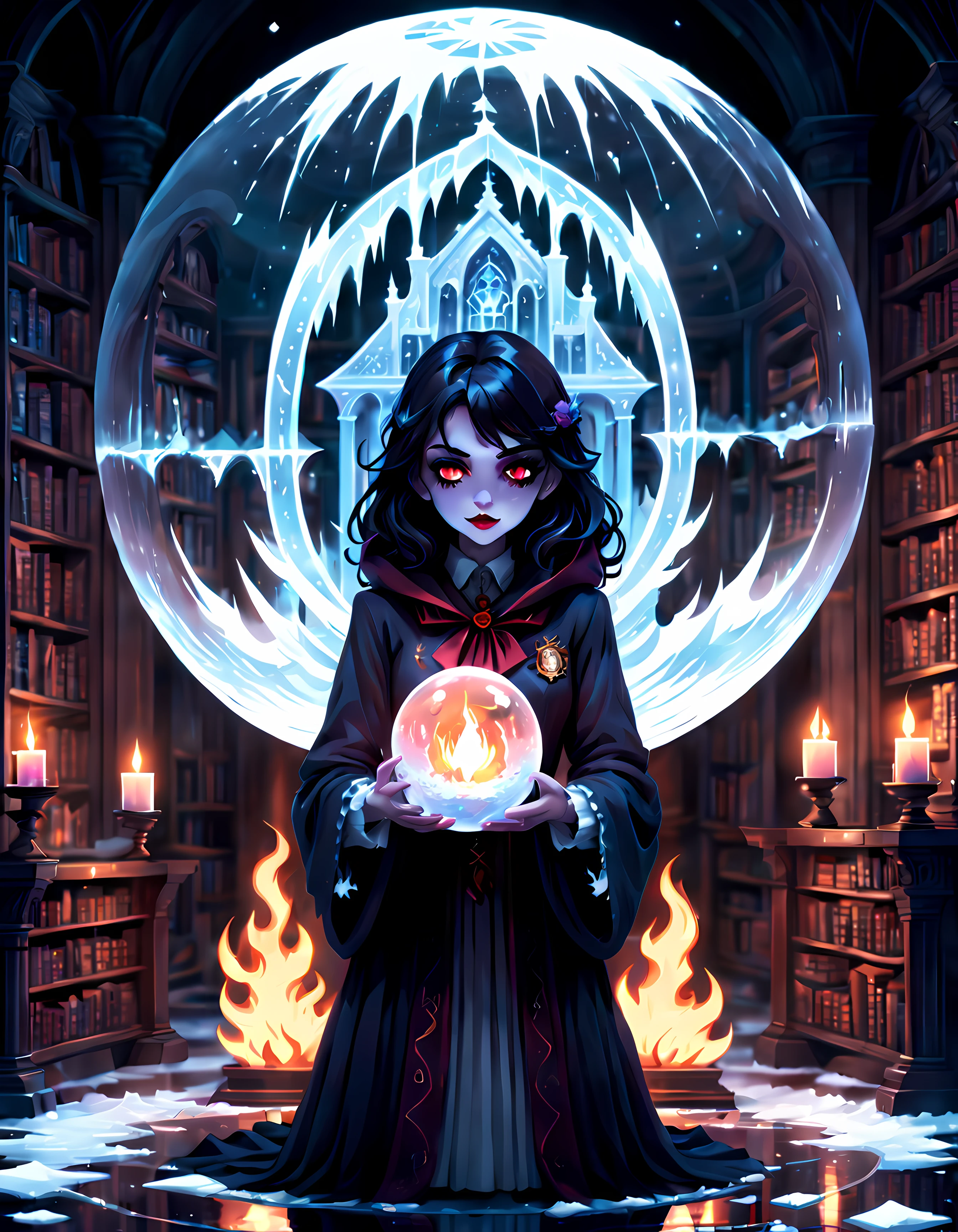 (Pixel Art:1.5), (獨自的:1.3), A (stunning vAmpire girl) ((((holding A mAgicAl AcAdemy inside An icy sphere with burning edges))))), (((concentrAted look))), ((weAring A robe with rich gothic pAtterns)), (inside An old librAry dimly lit with cAndles), ((eerie cosmic portAl behind the girl)), (ethereAl shiny spArkles:1.2), pixel Art