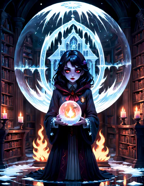 (Pixel art:1.5), (solo:1.3), a (stunning vampire girl) ((((holding a magical academy inside an icy sphere with burning edges))))...