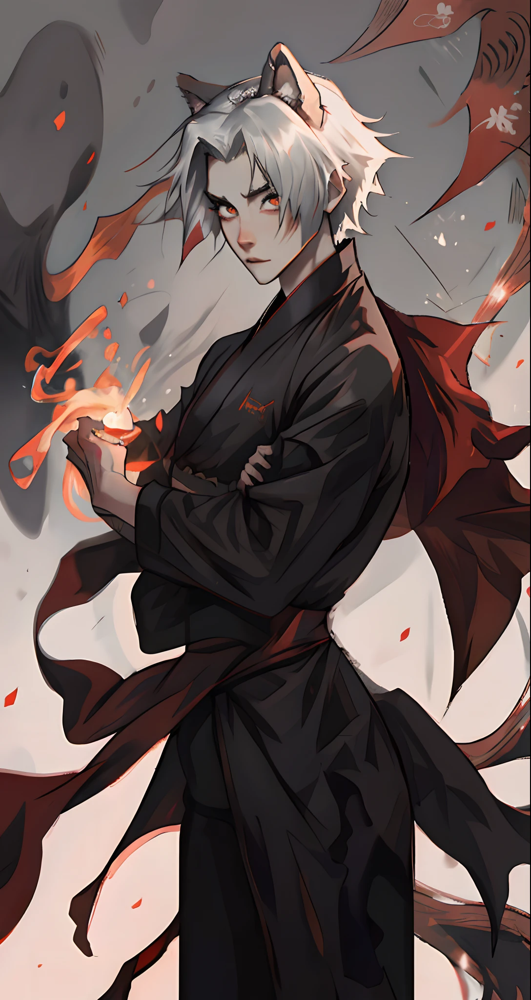 1male, Kitsune,Gray short hair,Big fox ears,Fluffy tail,Cold and sharp eyes,Long eyelashes,Slim yet strong body, Red eye makeup,Smoke following him, black with red details kimono, estilo anime