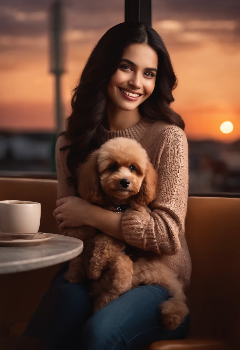 A woman sitting on a couch holding a dog in her arms - SeaArt AI