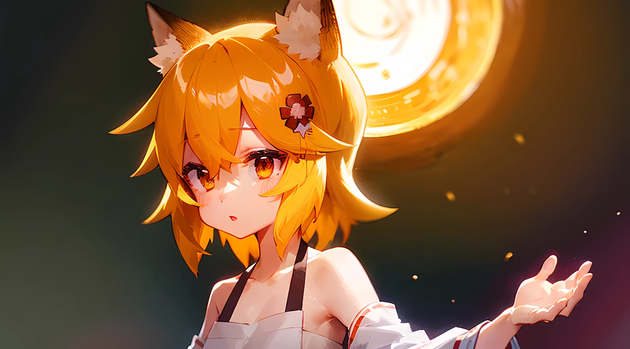 Ultra-detailed, (detailed light:1.05), Detailed background, Detailed Face, A detailed eye, sen, animal ears, Fox ears, Fox Girl, Foxtail, Hair Flower, hair ornament, Orange Eyes, orange hair, Short hair, tail, flat chest, 1 girl in a magical, whimsical mushroom forest with giant colorful mushrooms, sparkling lights, and a cute charming atmosphere.