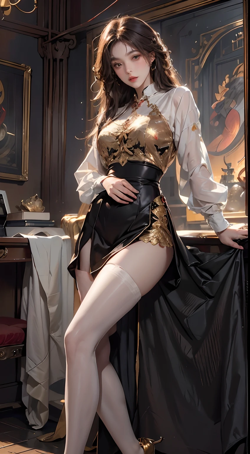 ((Masterpiece, Highest quality)), Detailed face, CharacterDesignSheet，full bodyesbian, Full of details, Multiple poses and expressions, Highly detailed, Depth, Many parts，beuaty girl，cinmatic lighting，with light glowing，Red and gold，Phoenix decoration，light yarn，Lace，lacepantyhose，high-heels