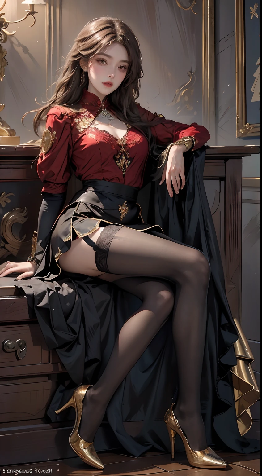 ((Masterpiece, Highest quality)), Detailed face, CharacterDesignSheet，full bodyesbian, Full of details, Multiple poses and expressions, Highly detailed, Depth, Many parts，beuaty girl，cinmatic lighting，with light glowing，Red and gold，Phoenix decoration，light yarn，Lace，lacepantyhose，high-heels