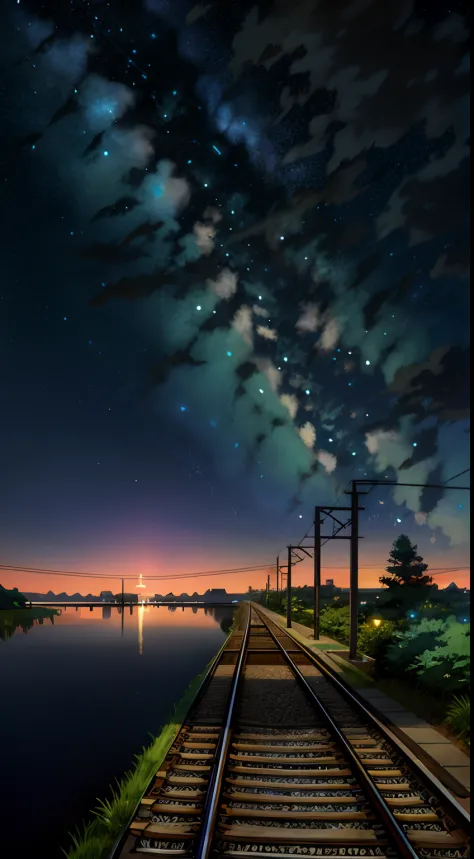 High quality masterpieces, landscapes, clouds, anime train passing water bodies on railway tracks in the distance, bright starry...