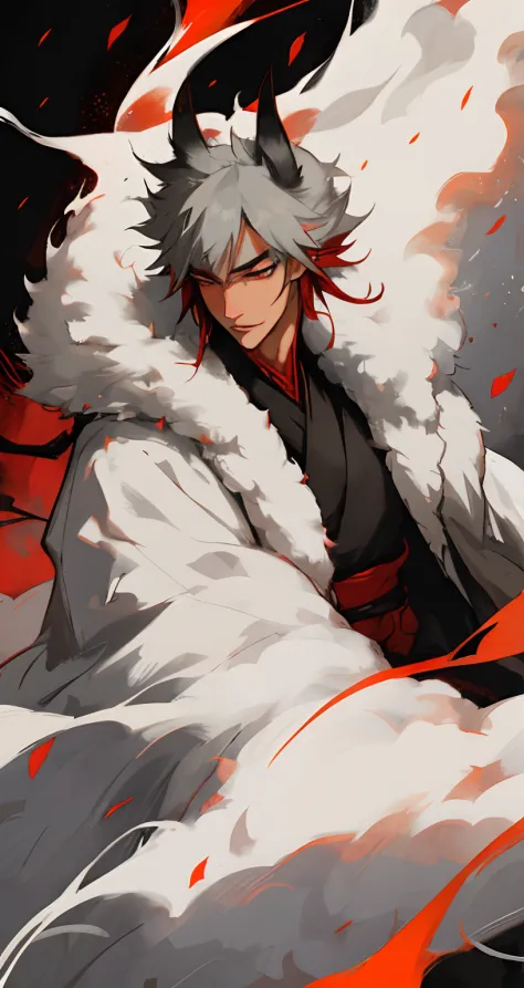 male, kitsune,gray-whiteshort hair,big fox ears,fluffy tail,cold and sharp eyes,long eyelashes,slim yet strong body, red traditi...