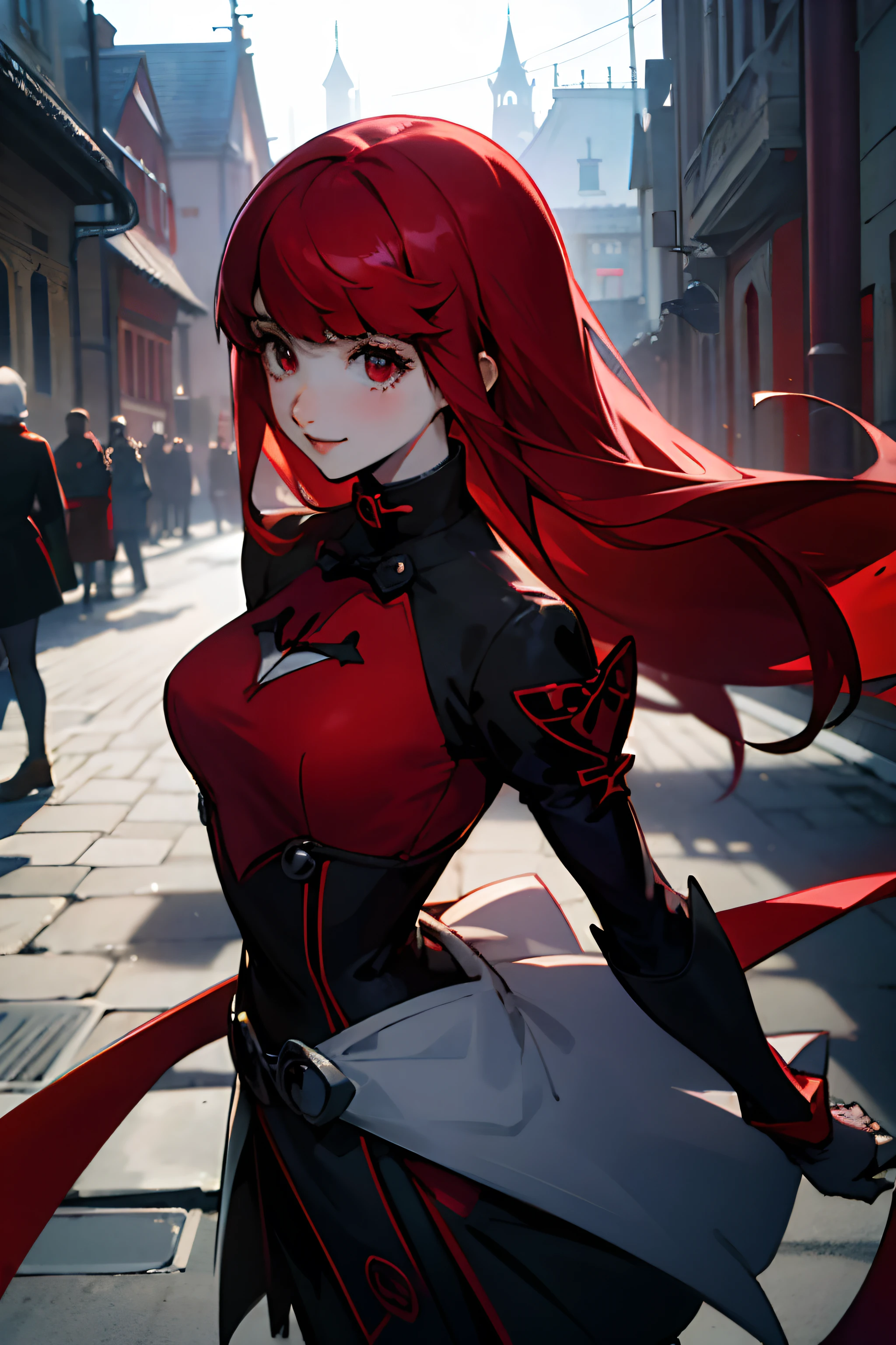 chica anime, largo rojo relacionado con el pelo de cinta, (De pie en la ciudad medieval), Yoshizawa from persona 5, sonriente, obra maestra, Apariencia guay, 8K, 4k, calidad súper alta, anatomía perfecta, cuerpo perfecto, cara linda,