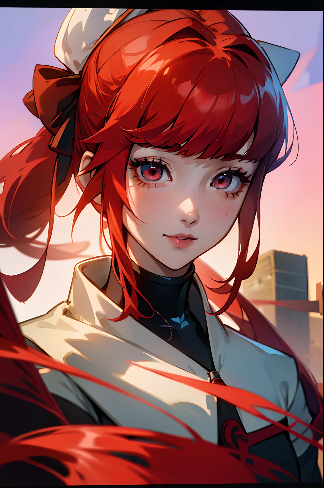 Anime girl, long red related with ribbon hair, (Standing in the medival city), Yoshizawa from persona 5, smiling, Masterpiece, cool loking, 8k, 4k, Super high quality, perfect anathomy, perfect body, cute face,